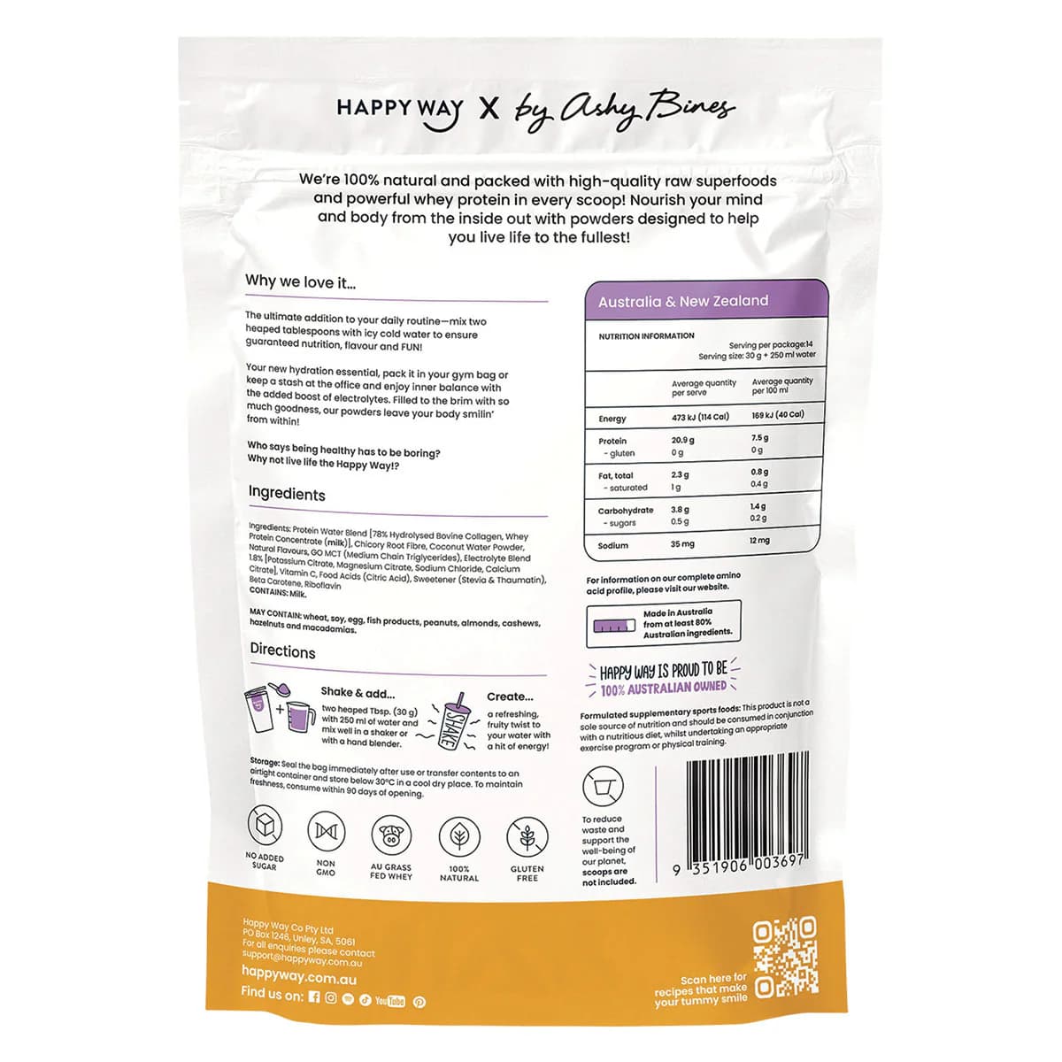 Thumbnail Happy Way Ashy Bines Whey Protein Water Powder Passionfruit 420g
