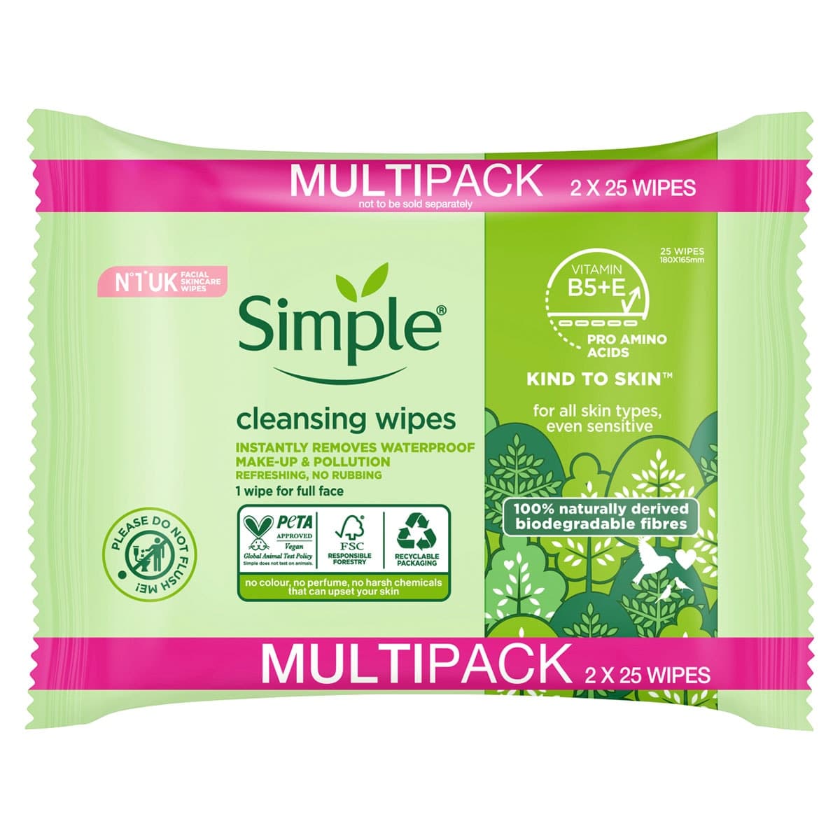 Thumbnail Simple Biodegradable Cleansing Wipes 2 x 25 Pack