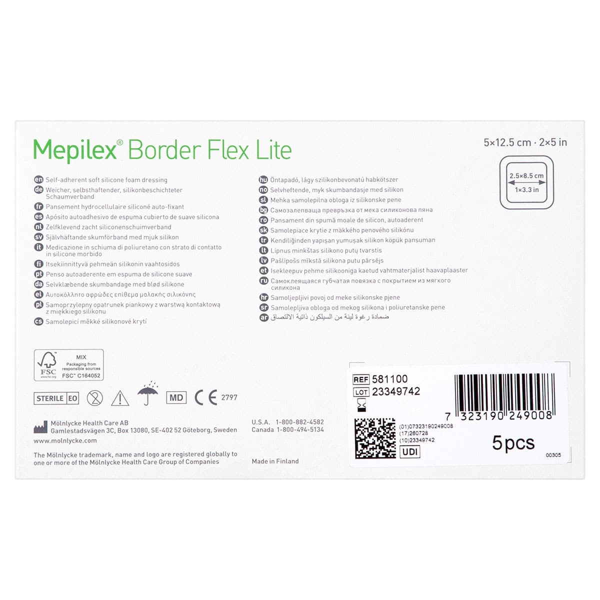 Thumbnail Mepilex Border Flex Lite Wound Dressing 581100 5cm x 12.5cm 5 Pack