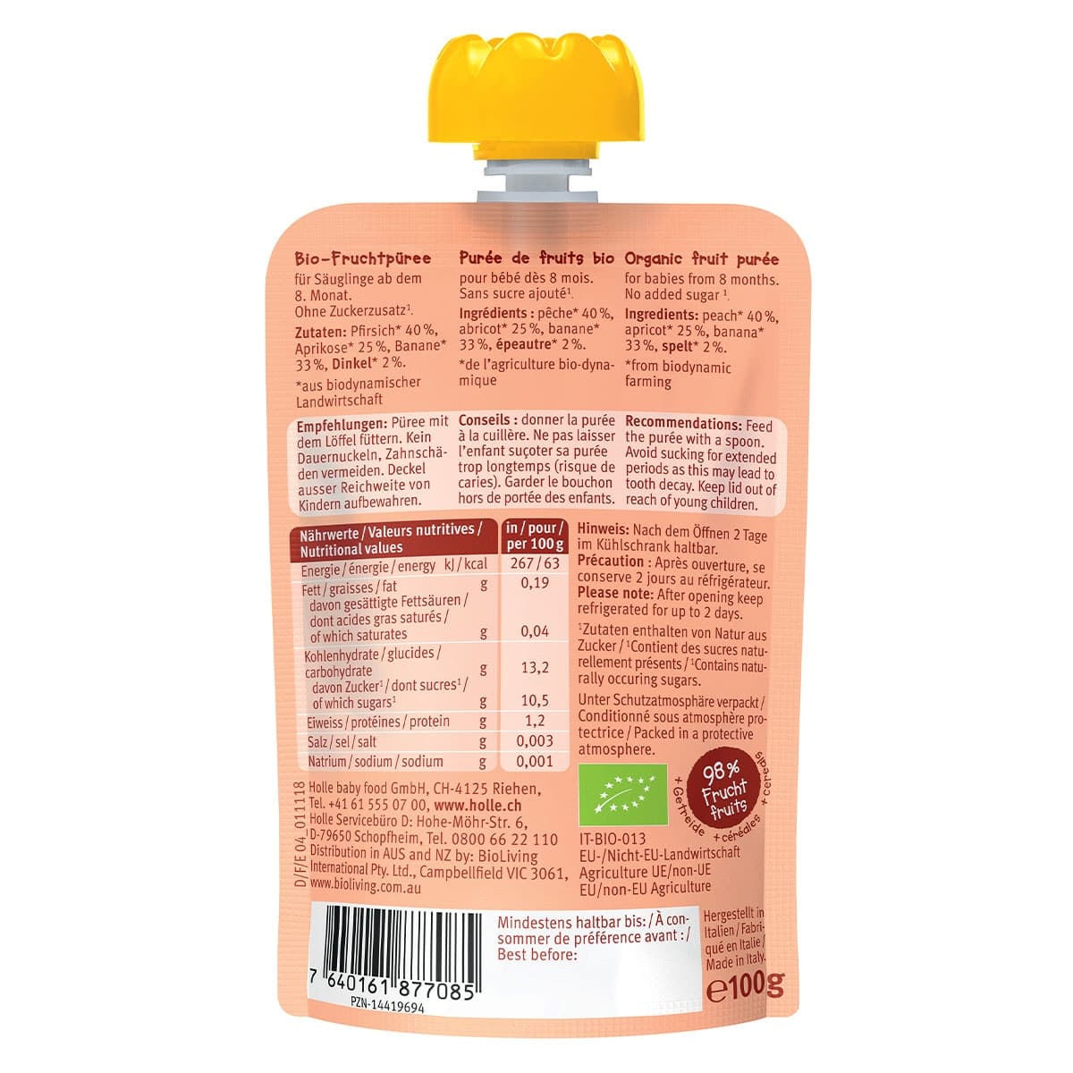 Thumbnail Holle Organic Panda Peach - Peach  Apricot Banana with Spelt Puree 100g