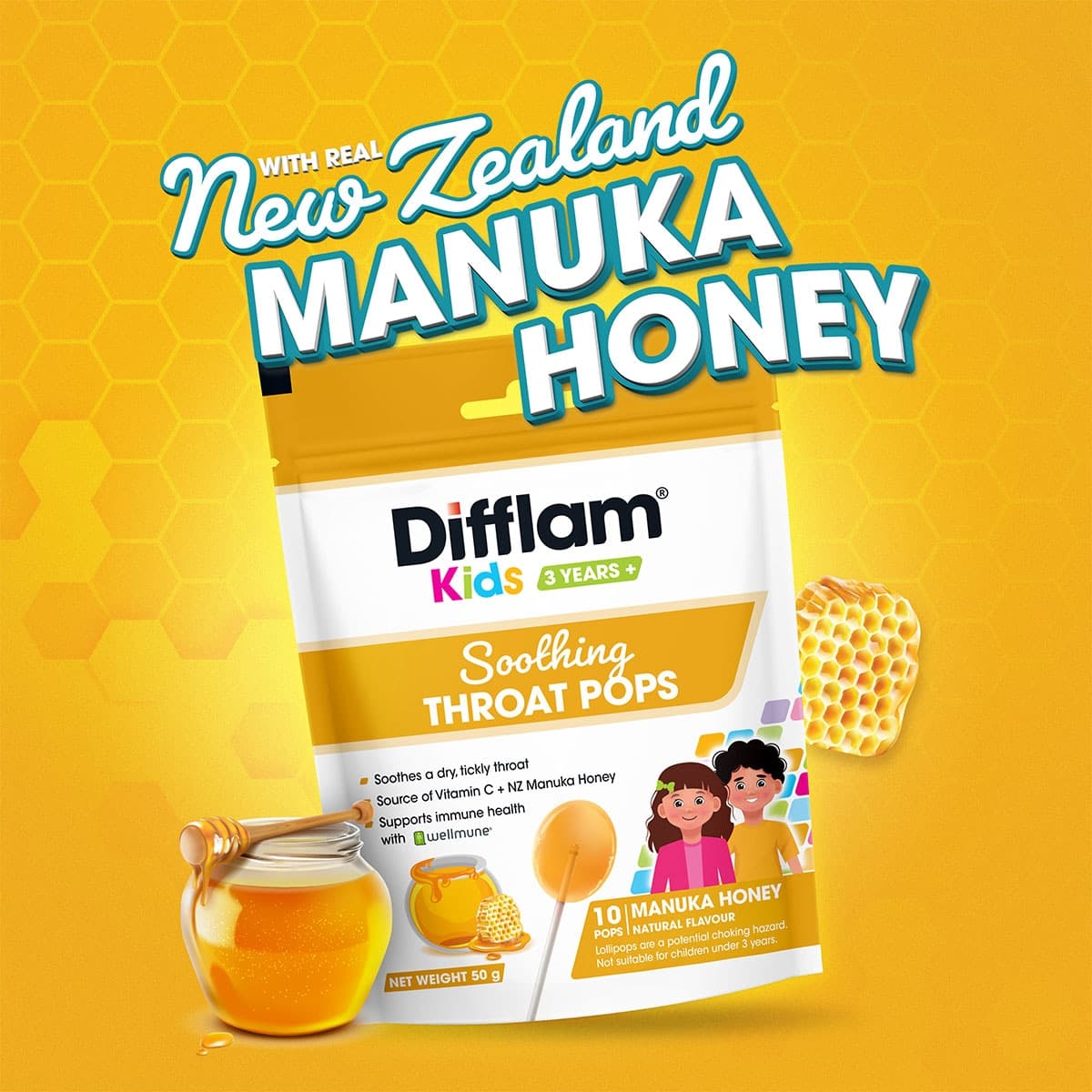 Thumbnail Difflam Kids Soothing Throat Pops Manuka Honey 10 Pack