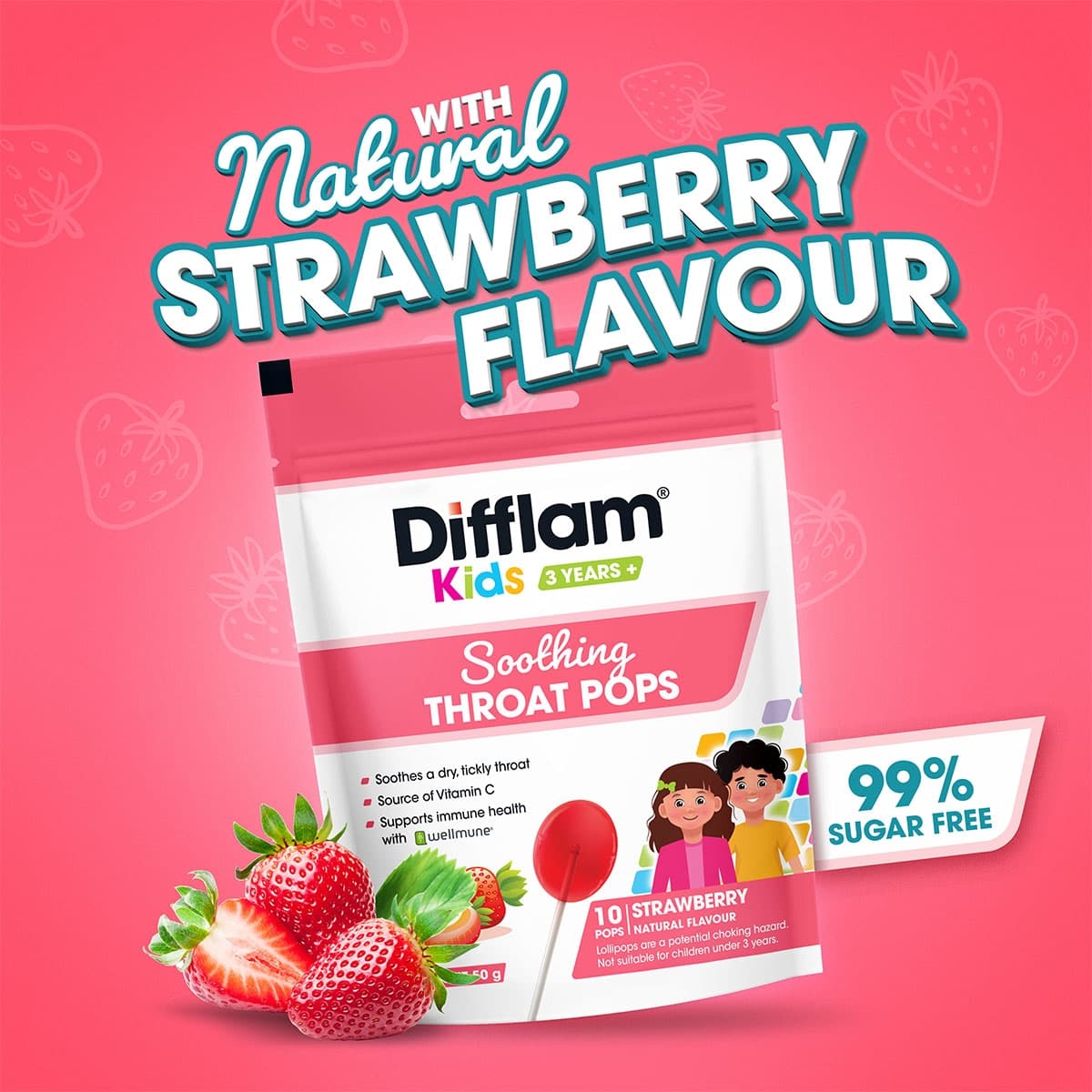 Thumbnail Difflam Kids Soothing Throat Pops Strawberry 10 Pack