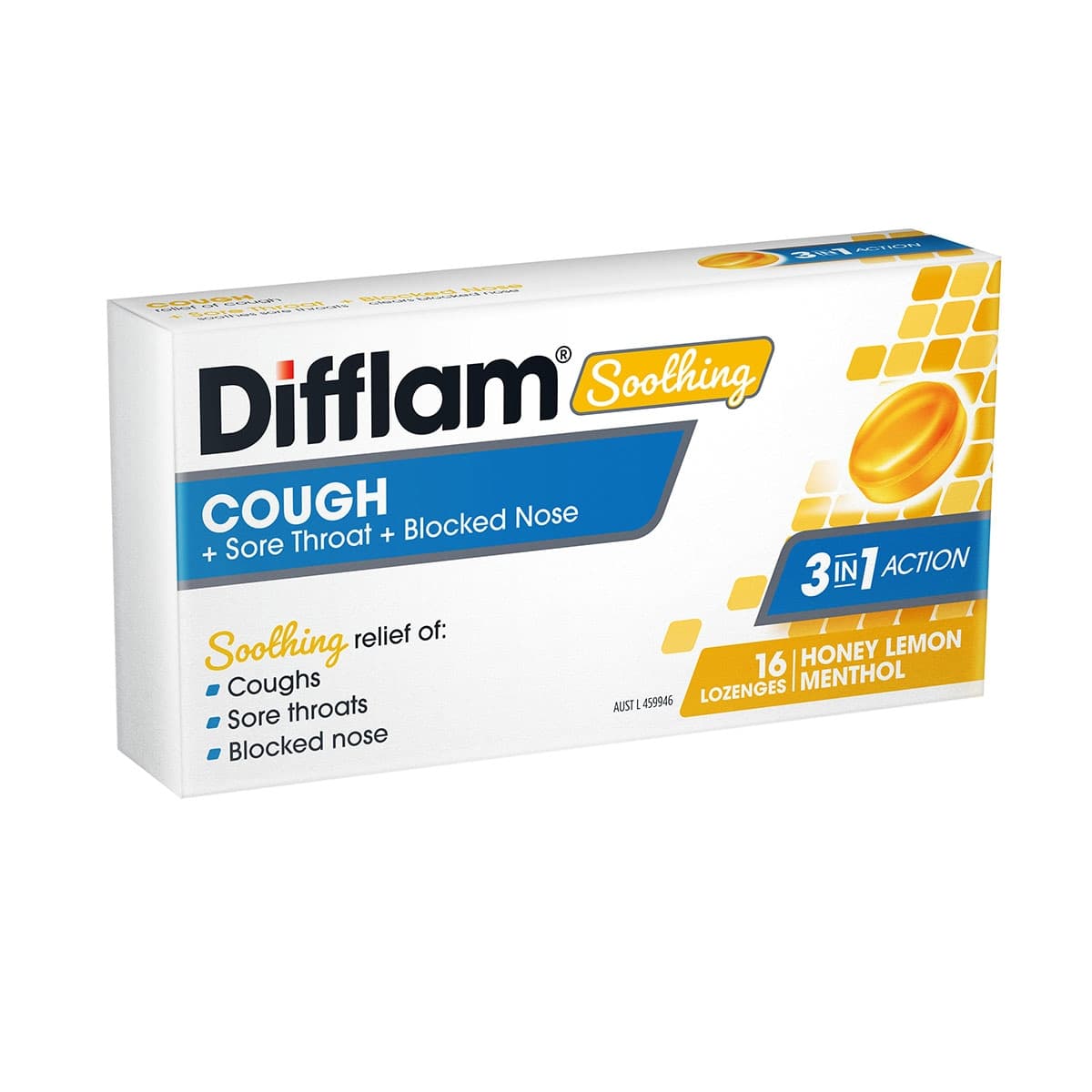 Thumbnail Difflam Soothing Cough + Sore Throat + Blocked Nose Lozenges Honey Lemon 16 Pack