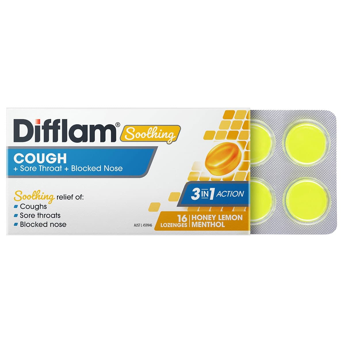 Thumbnail Difflam Soothing Cough + Sore Throat + Blocked Nose Lozenges Honey Lemon 16 Pack