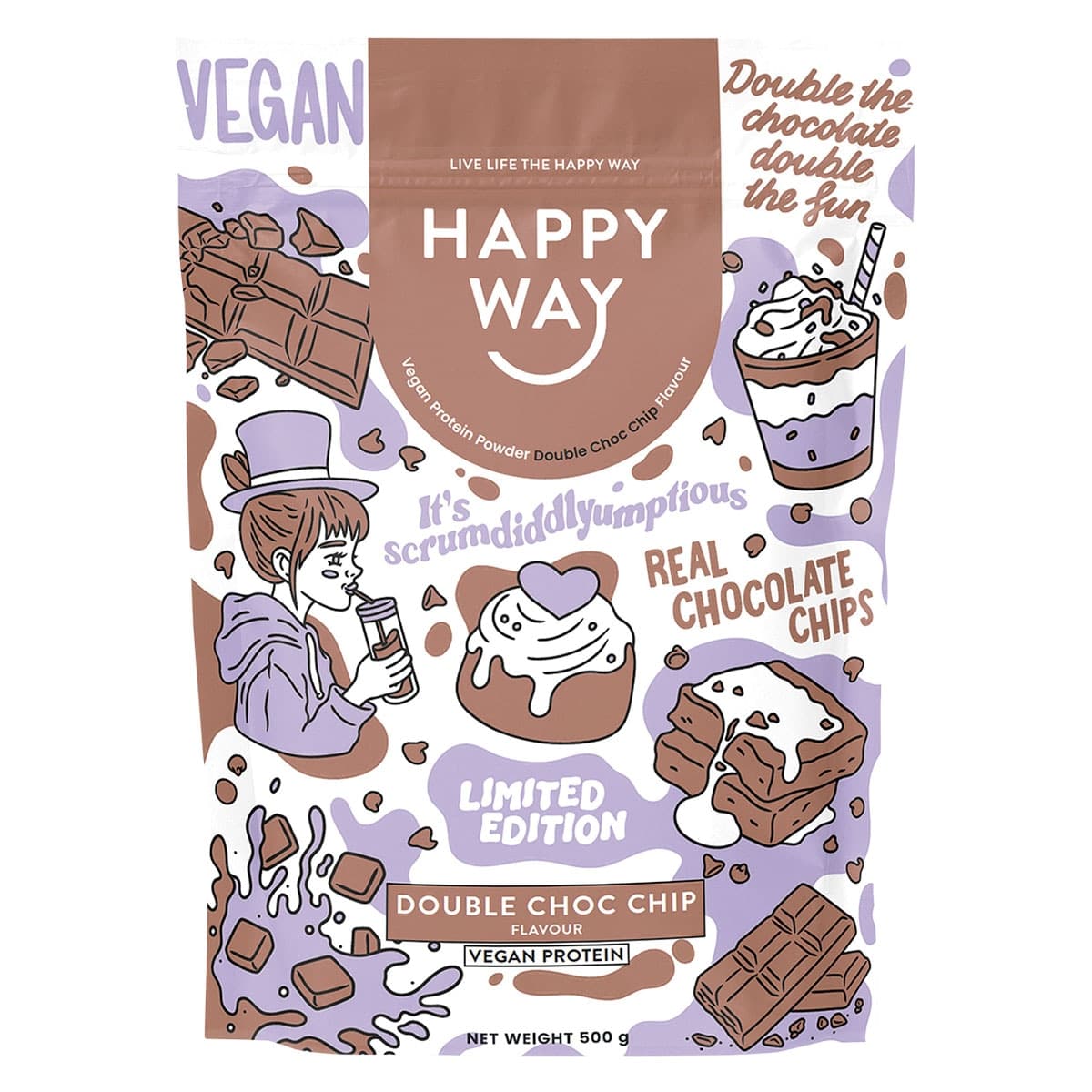 Thumbnail Happy Way Vegan Protein Powder Double Choc Chip 500g