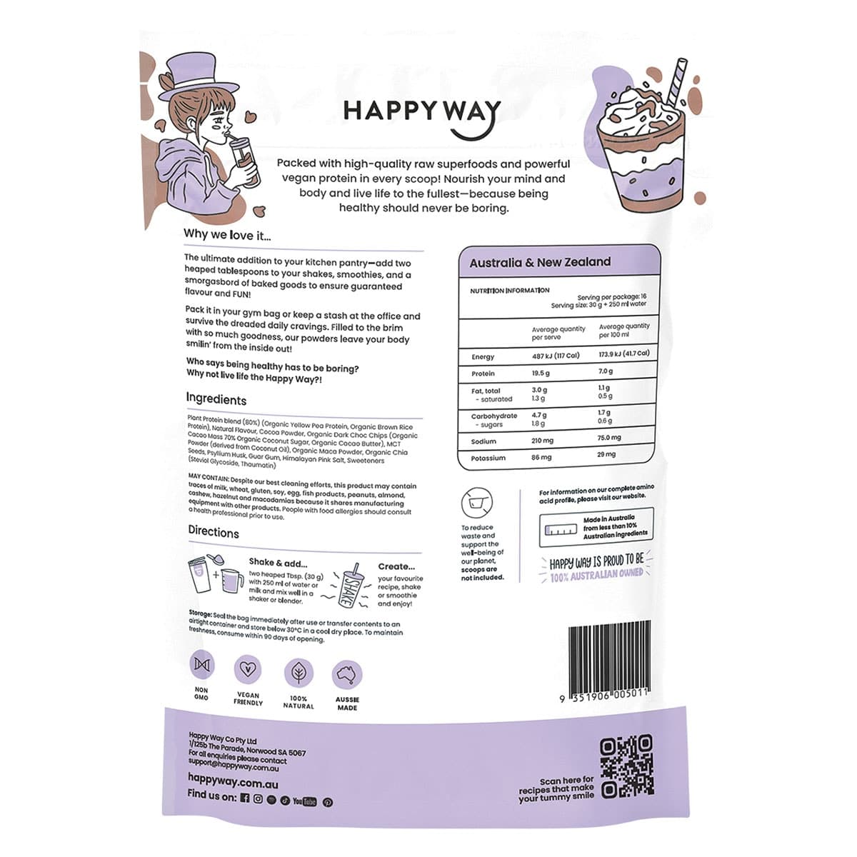 Thumbnail Happy Way Vegan Protein Powder Double Choc Chip 500g