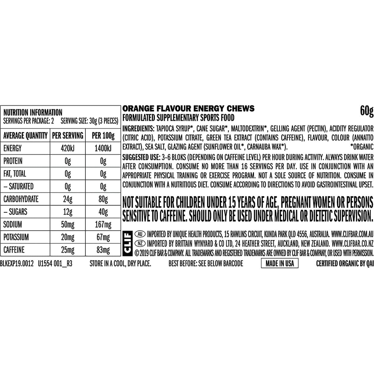 Thumbnail Clif Bloks Energy Chews Orange + 25mg Caffeine 60g