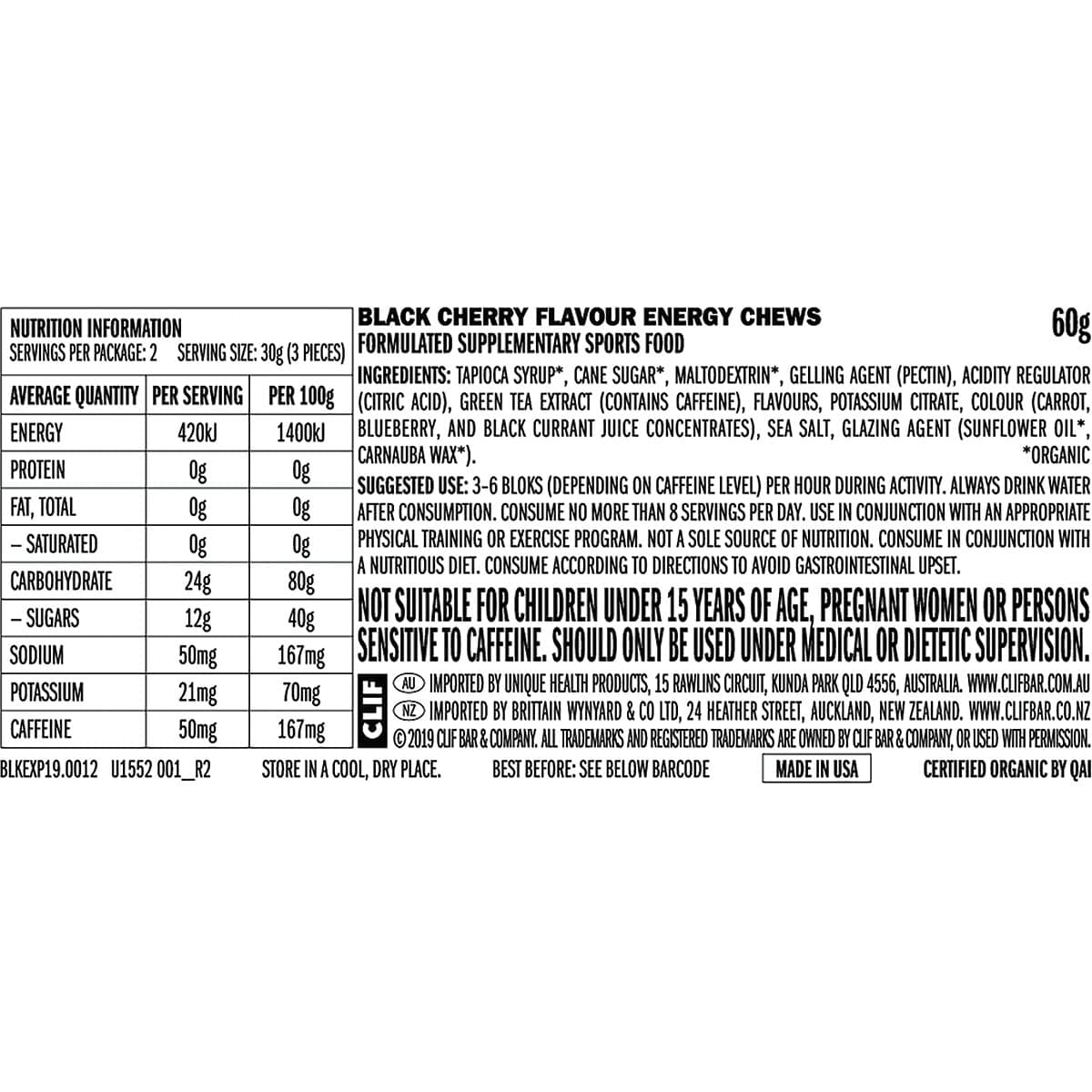 Thumbnail Clif Bloks Energy Chews Black Cherry + 50mg Caffeine 60g