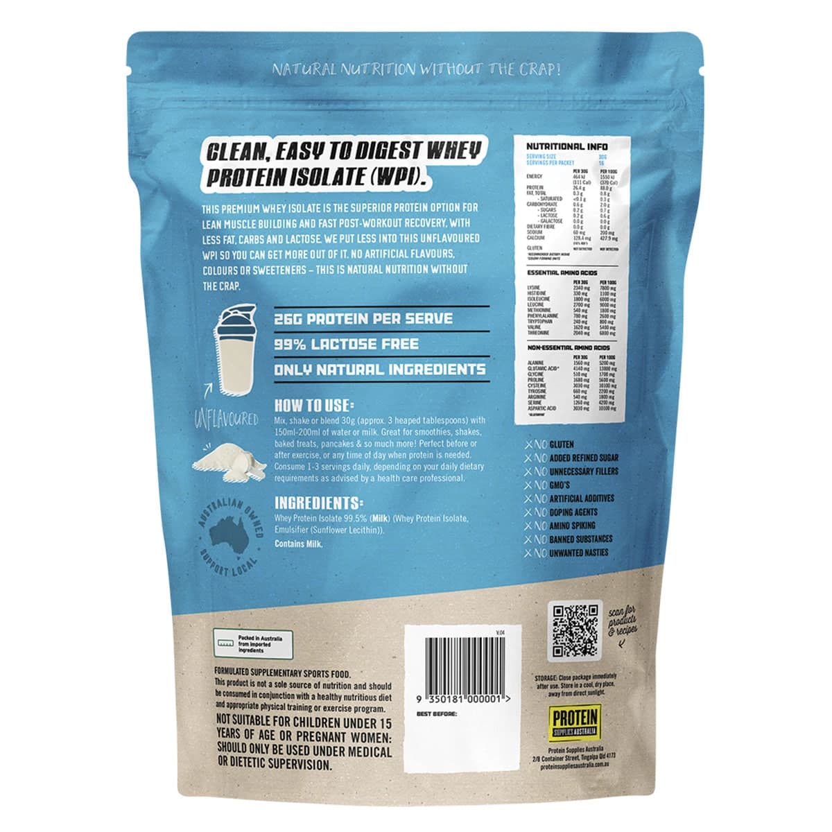 Thumbnail Protein Supplies Australia Whey Protein Isolate Unflavoured 500g