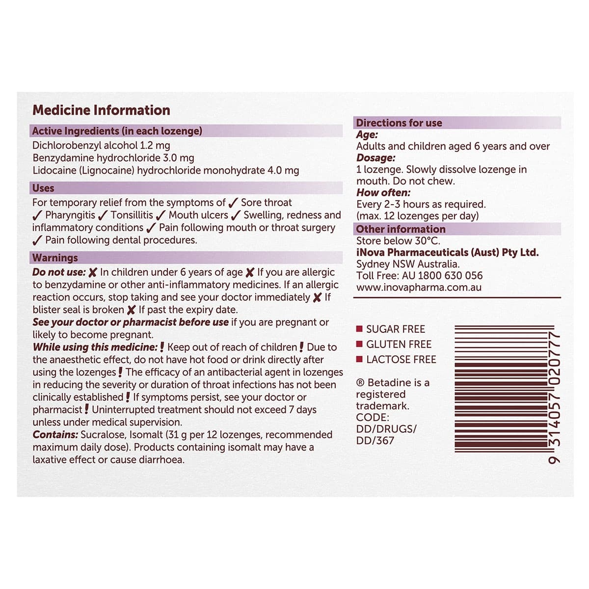 Thumbnail Betadine Anaesthetic Triple Action Sore Throat Lozenges Berry 36 Pack