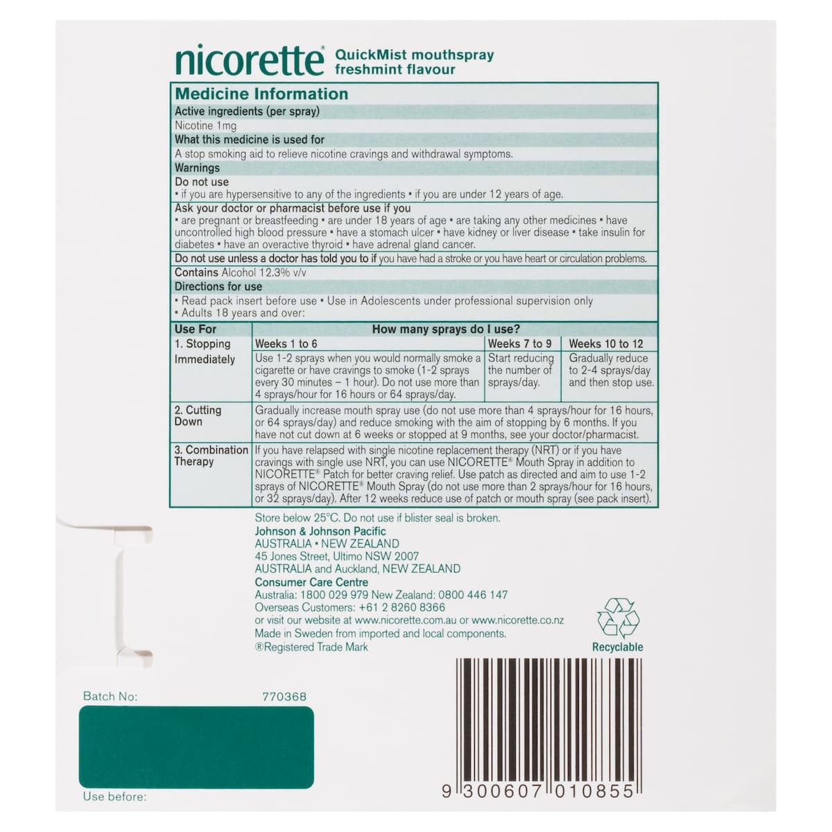 Thumbnail Nicorette Quit Smoking QuickMist Nicotine Mouth Spray Freshmint 2 x 150 Sprays