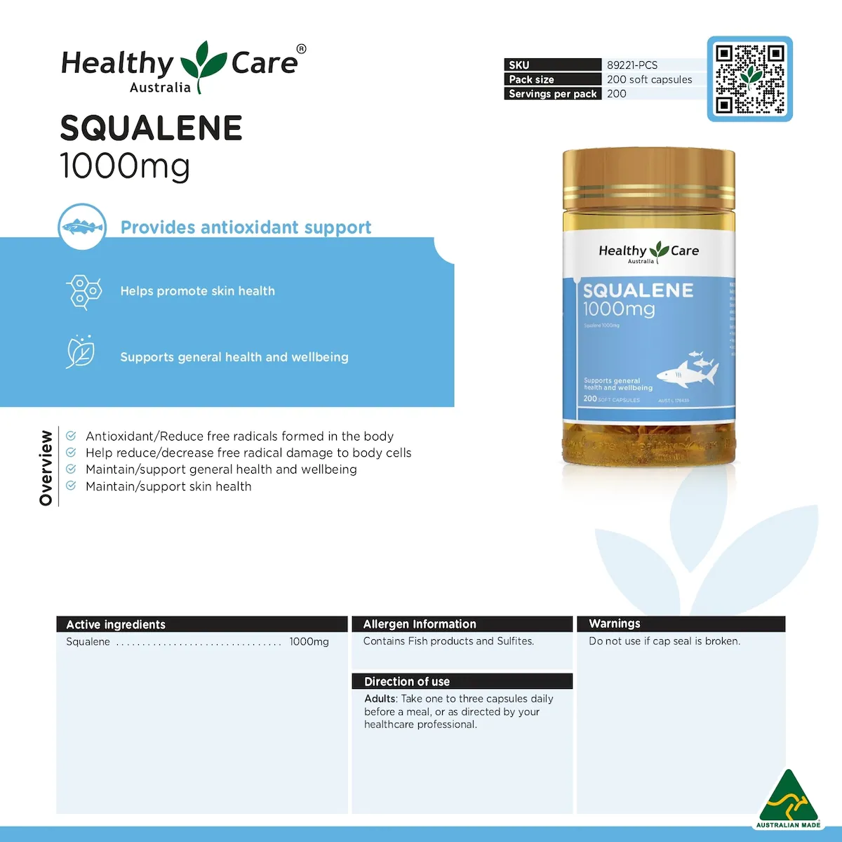 Thumbnail Healthy Care Squalene 1000mg 200 Capsules