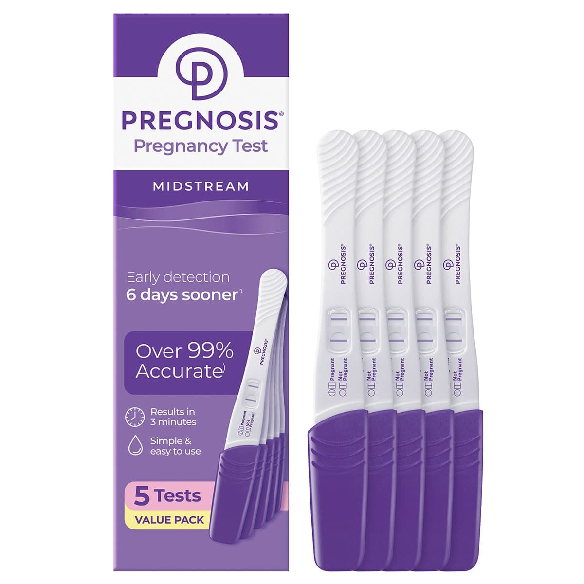 Thumbnail Pregnosis Midstream Early Detection Pregnancy Test 5 Pack