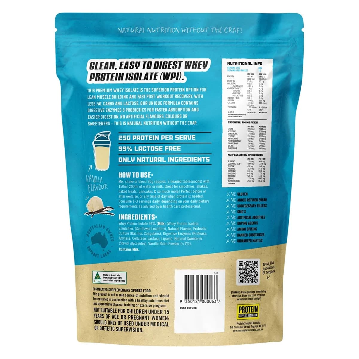 Thumbnail Protein Supplies Australia Whey Protein Isolate Vanilla Bean 500g