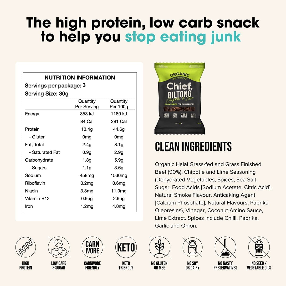 Thumbnail Chief NutritionChipotle & Lime Biltong Bag 90g