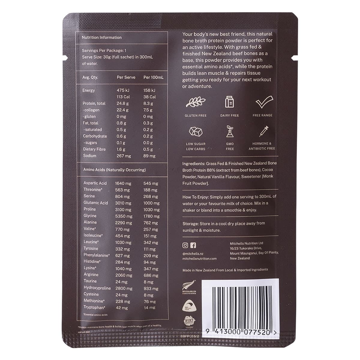 Thumbnail Mitchells Nutrition Bone Broth Protein Powder Chocolate 30g