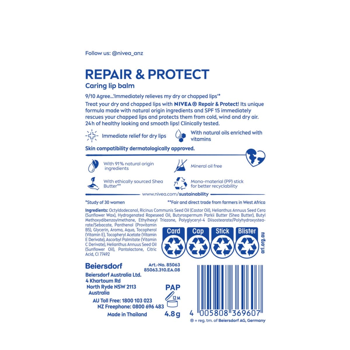 Thumbnail Nivea Repair & Protection Moisturising Lip Balm SPF15 4.8g