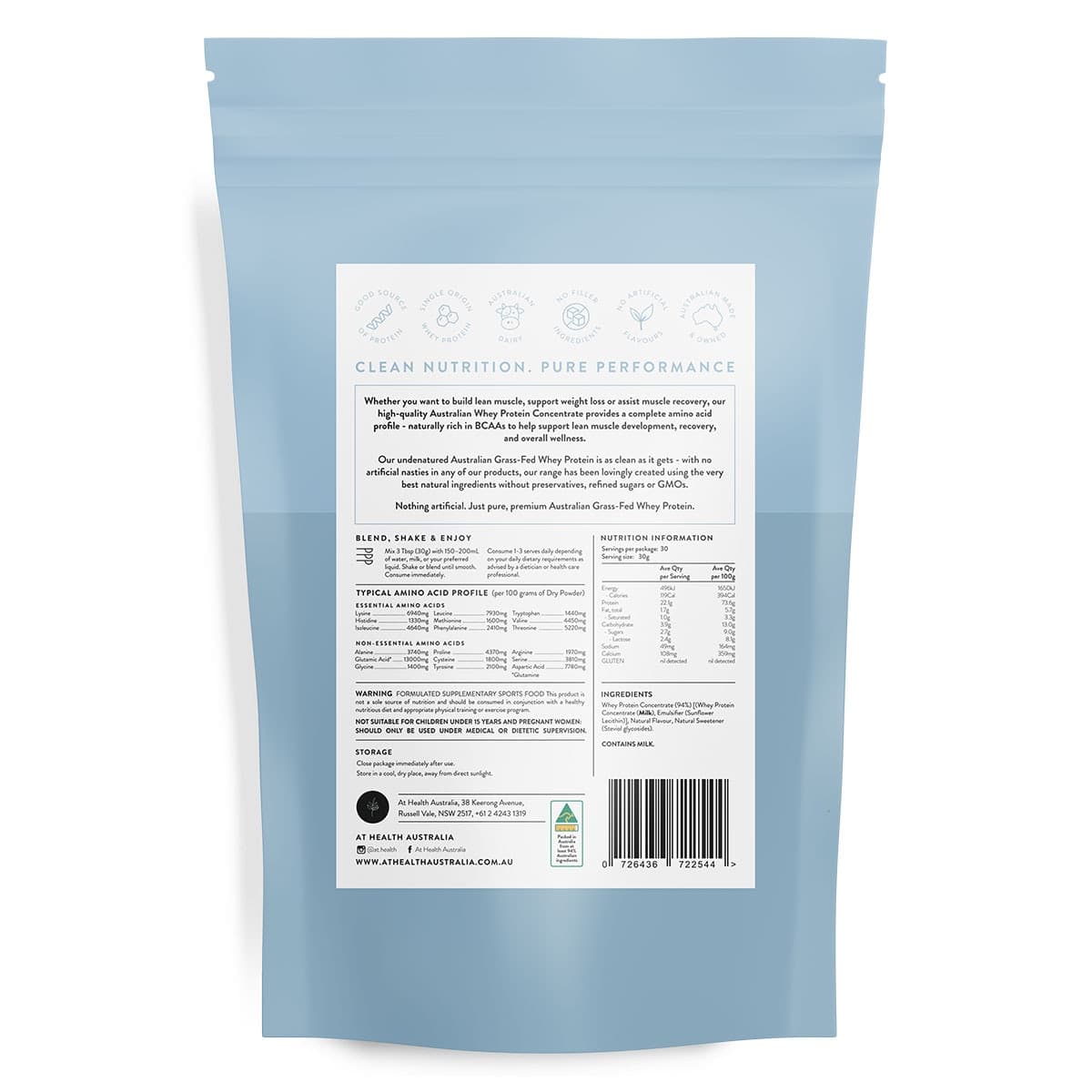 Thumbnail At Health Australia Grass-Fed Whey Protein Powder Vanilla 900g
