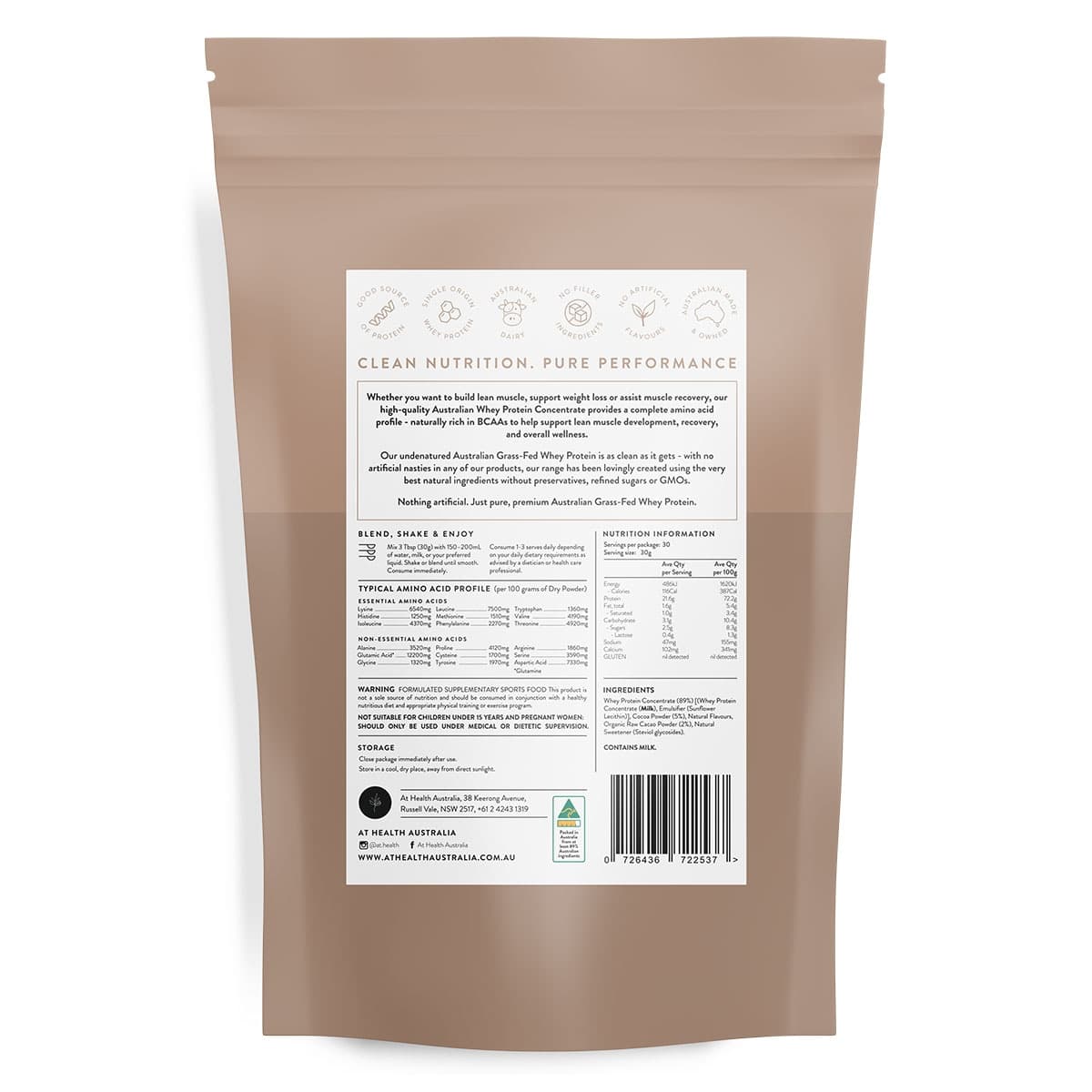 Thumbnail At Health Australia Grass-Fed Whey Protein Powder Chocolate 900g