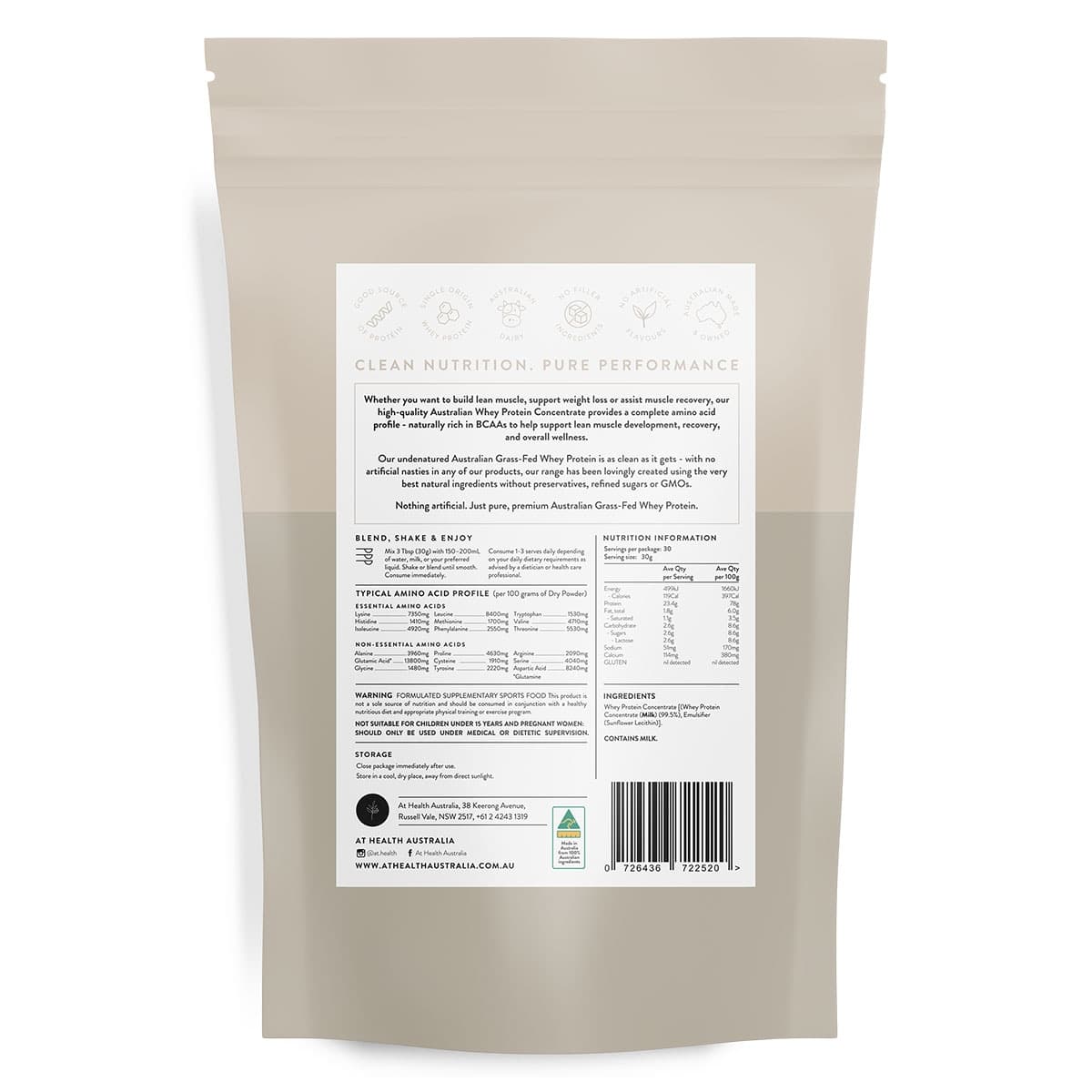 Thumbnail At Health Australia Grass-Fed Whey Protein Powder Natural 900g
