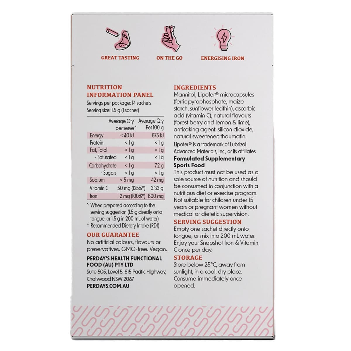 Thumbnail Perdays SnapShot - Iron & Vitamin C Cosmopolitan Flavour 14 x 1.5g Sachets