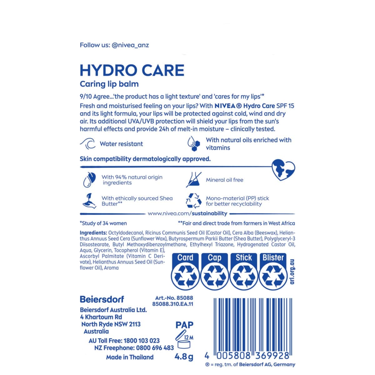 Thumbnail Nivea Hydro Care SPF15 Lip Balm 4.8g