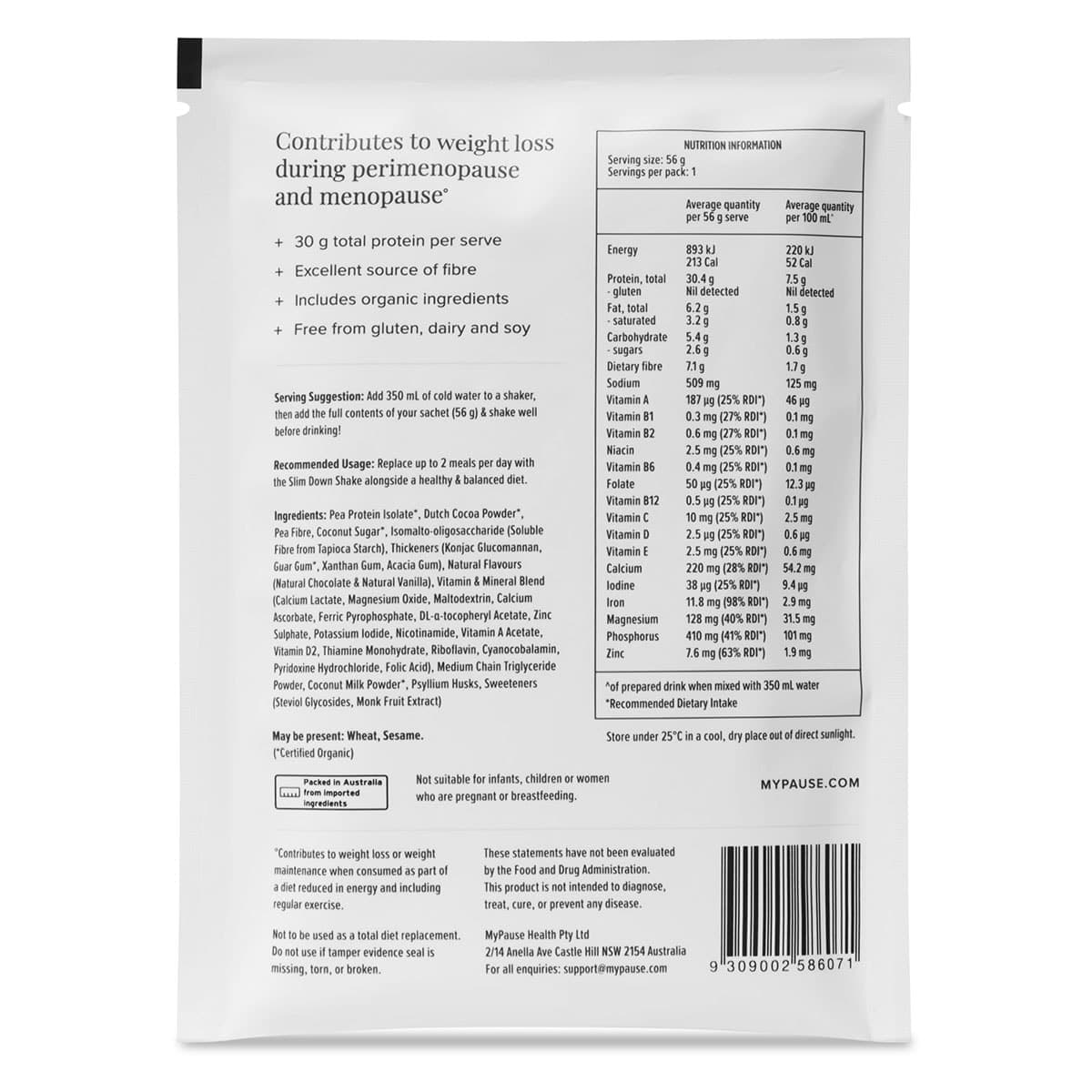 Thumbnail MyPause Health Slim Down Shake Double Chocolate 15 x 56g Sachets
