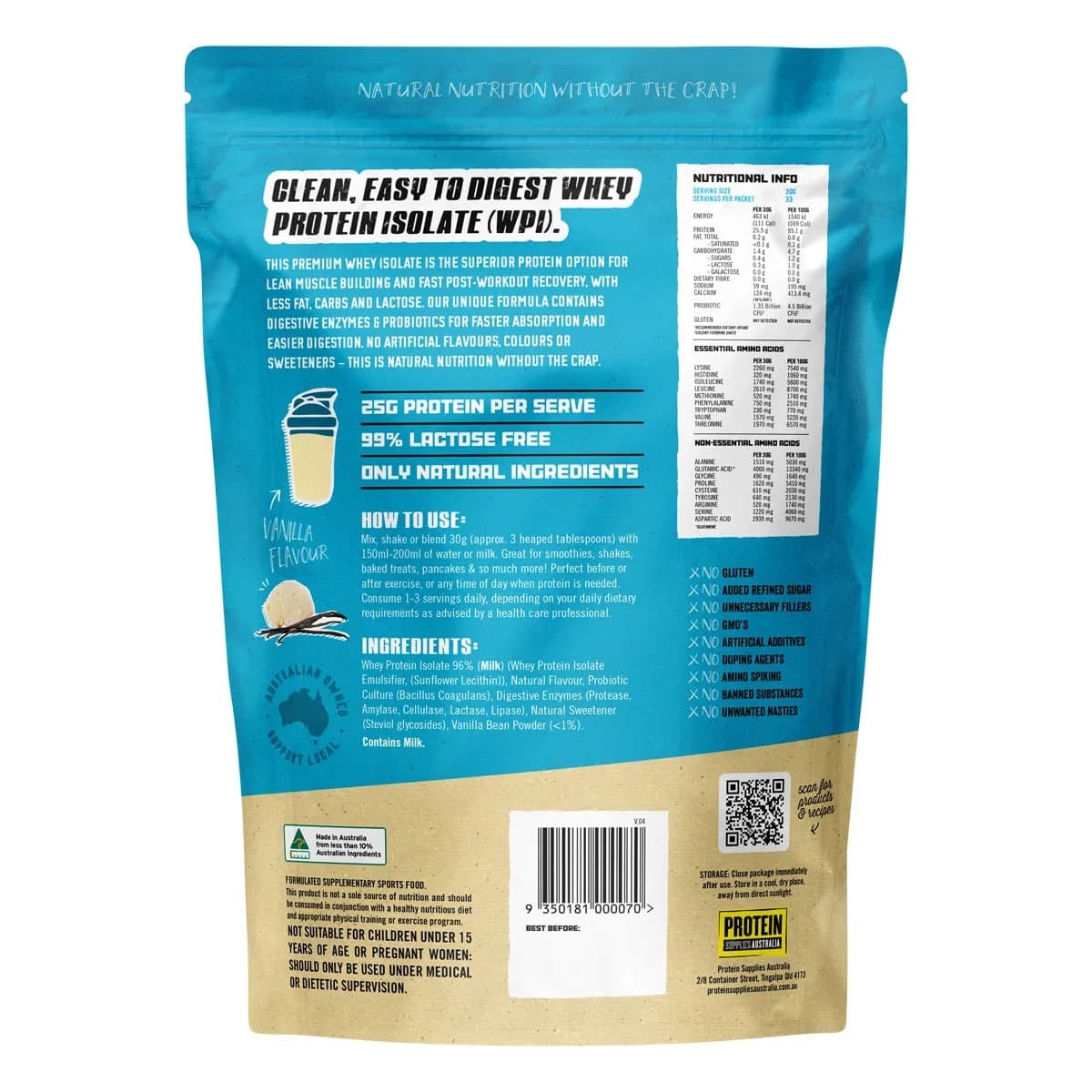 Thumbnail Protein Supplies Australia Whey Protein Isolate Vanilla 1kg