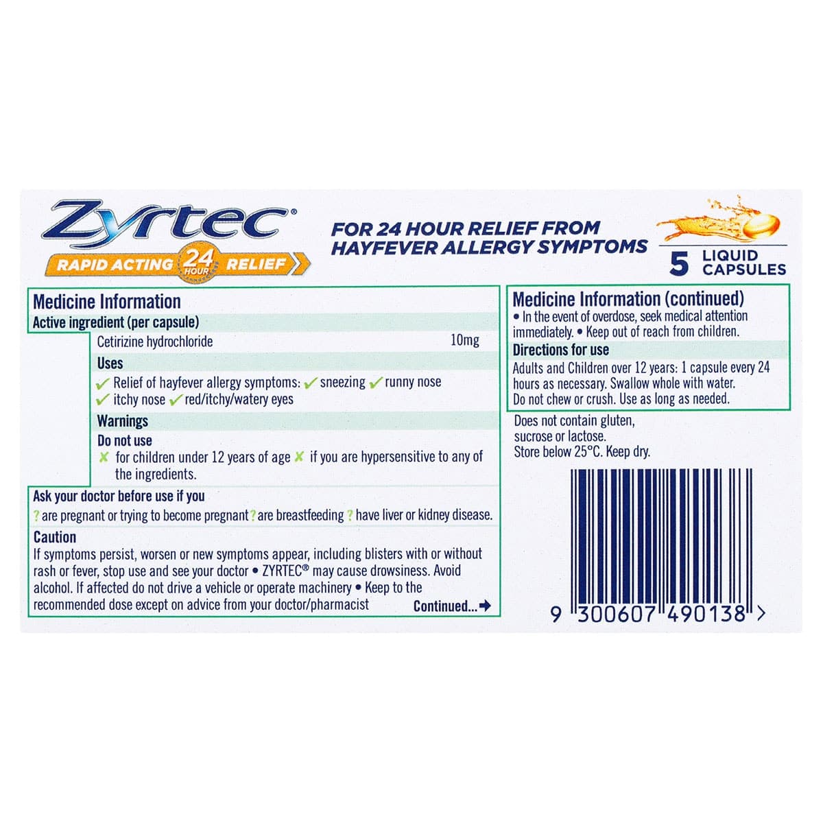 Thumbnail Zyrtec Rapid Acting Hayfever Allergy Relief Antihistamine Liquid Capsules 5 Pack