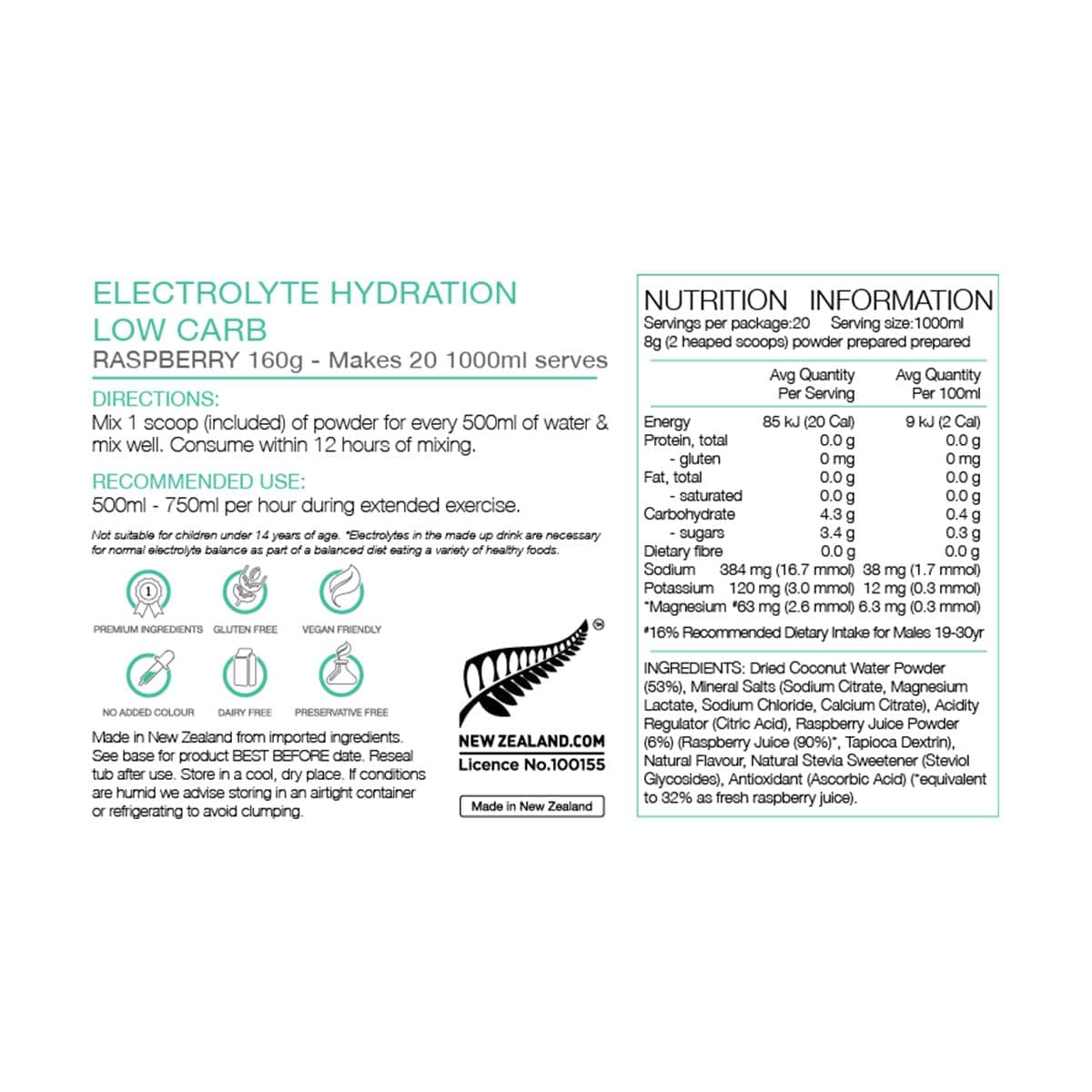 Thumbnail Pure Sports Nutrition Low Carb Electrolyte Hydration Powder Raspberry 160g