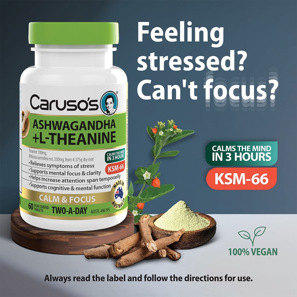 Thumbnail Carusos Ashwagandha + L-Theanine 60 Tablets