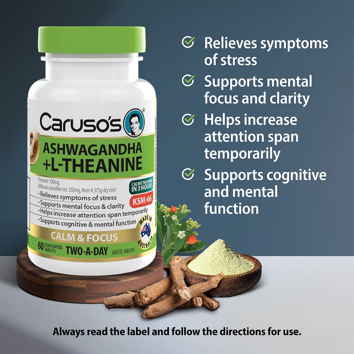Thumbnail Carusos Ashwagandha + L-Theanine 60 Tablets