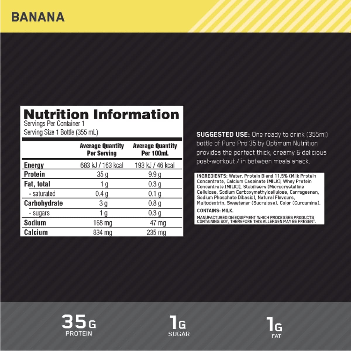 Thumbnail Optimum Nutrition Pure Pro 35 Protein Shake Banana 355ml