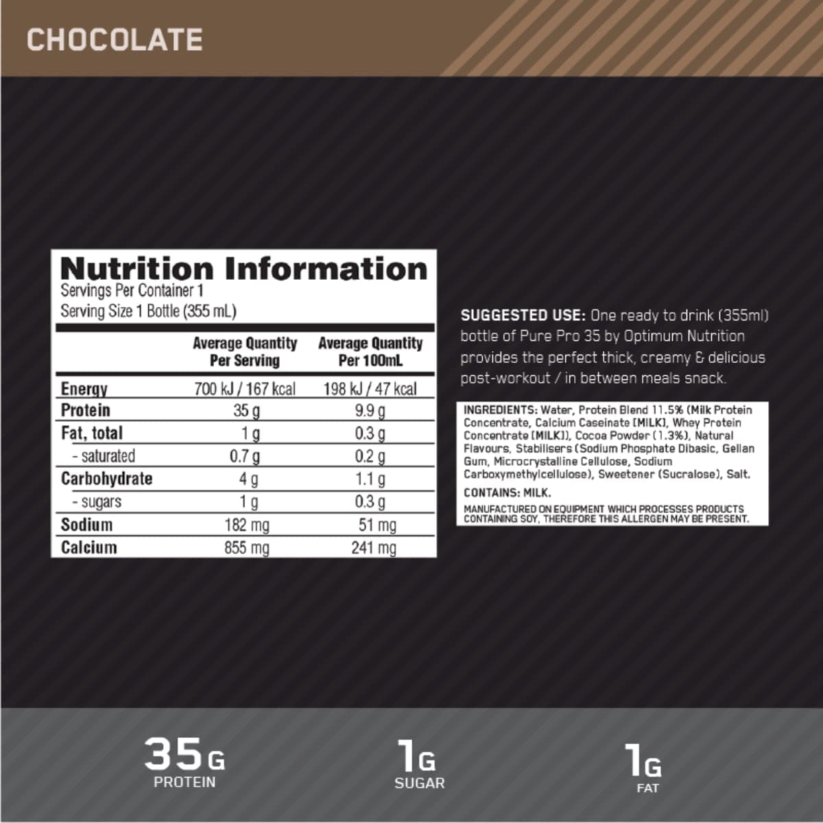 Thumbnail Optimum Nutrition Pure Pro 35 Protein Shake Chocolate 355ml