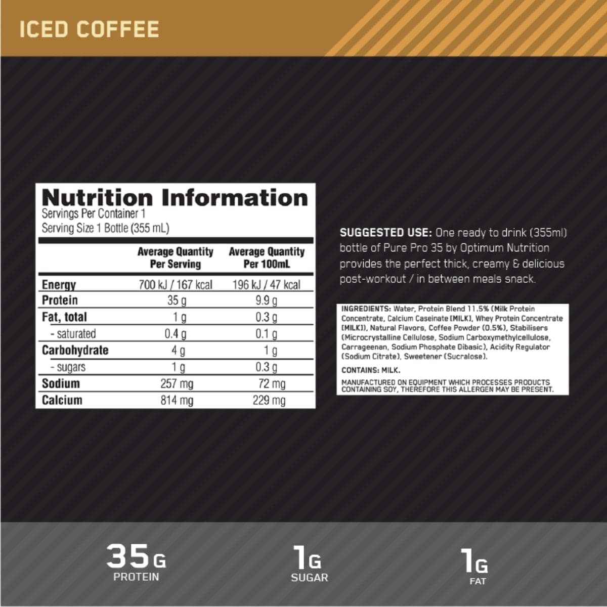 Thumbnail Optimum Nutrition Pure Pro 35 Protein Shake Coffee 355ml