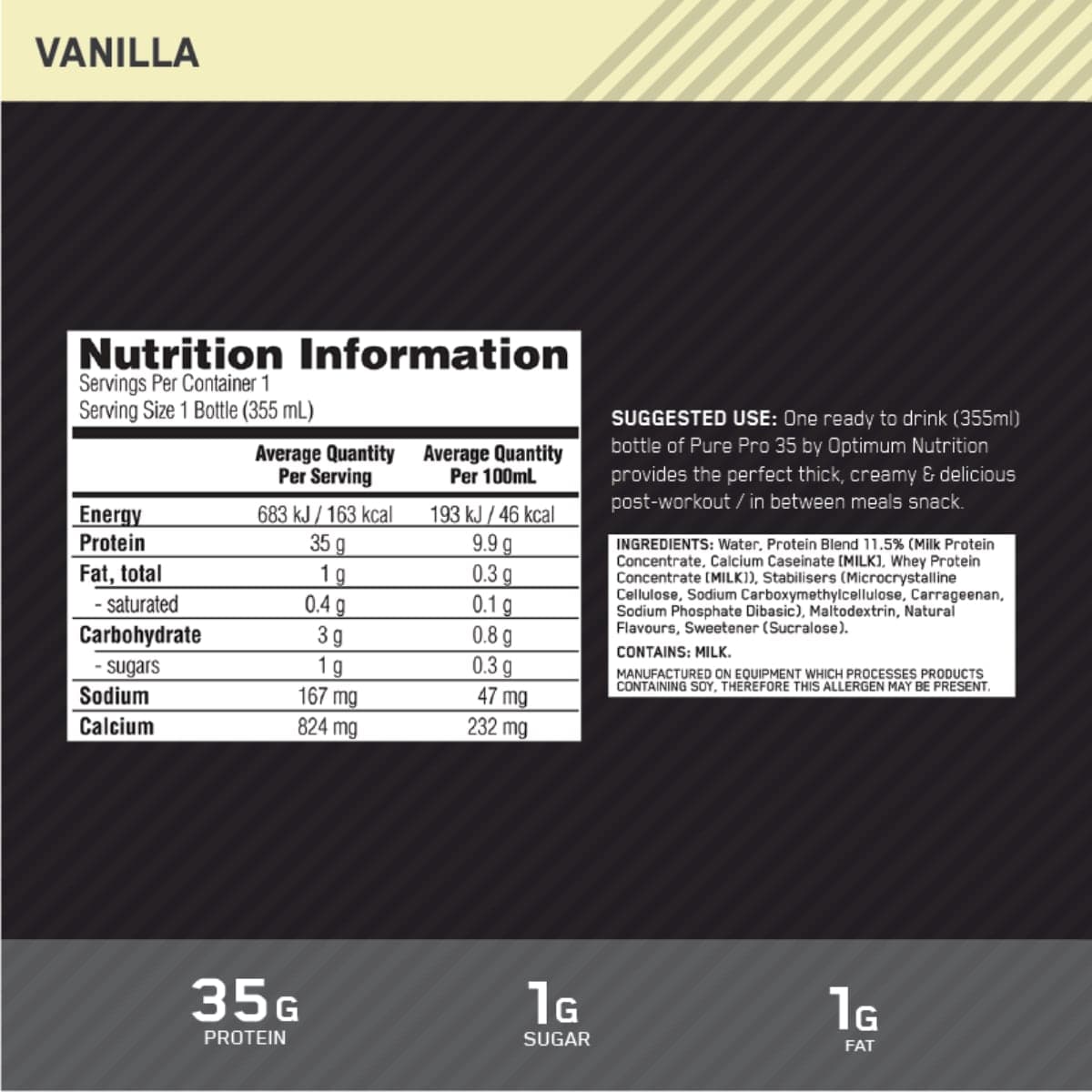 Thumbnail Optimum Nutrition Pure Pro 35 Protein Shake Vanilla 355ml