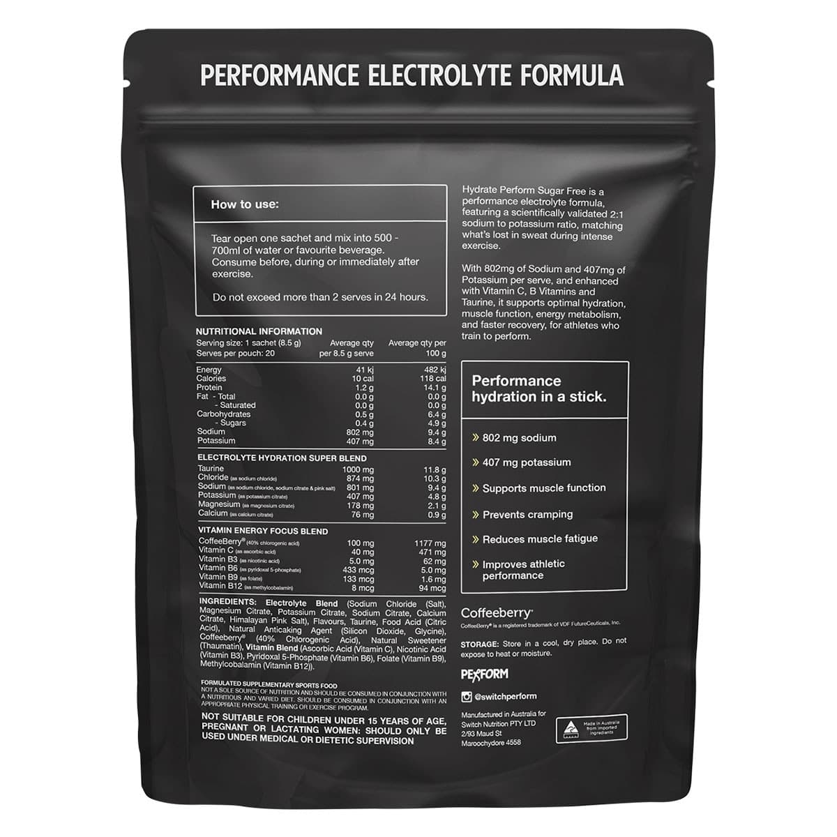 Thumbnail Switch Nutrition Hydrate Perform Sugar Free Kiwi Watermelon 20 x 8.5g Sachets