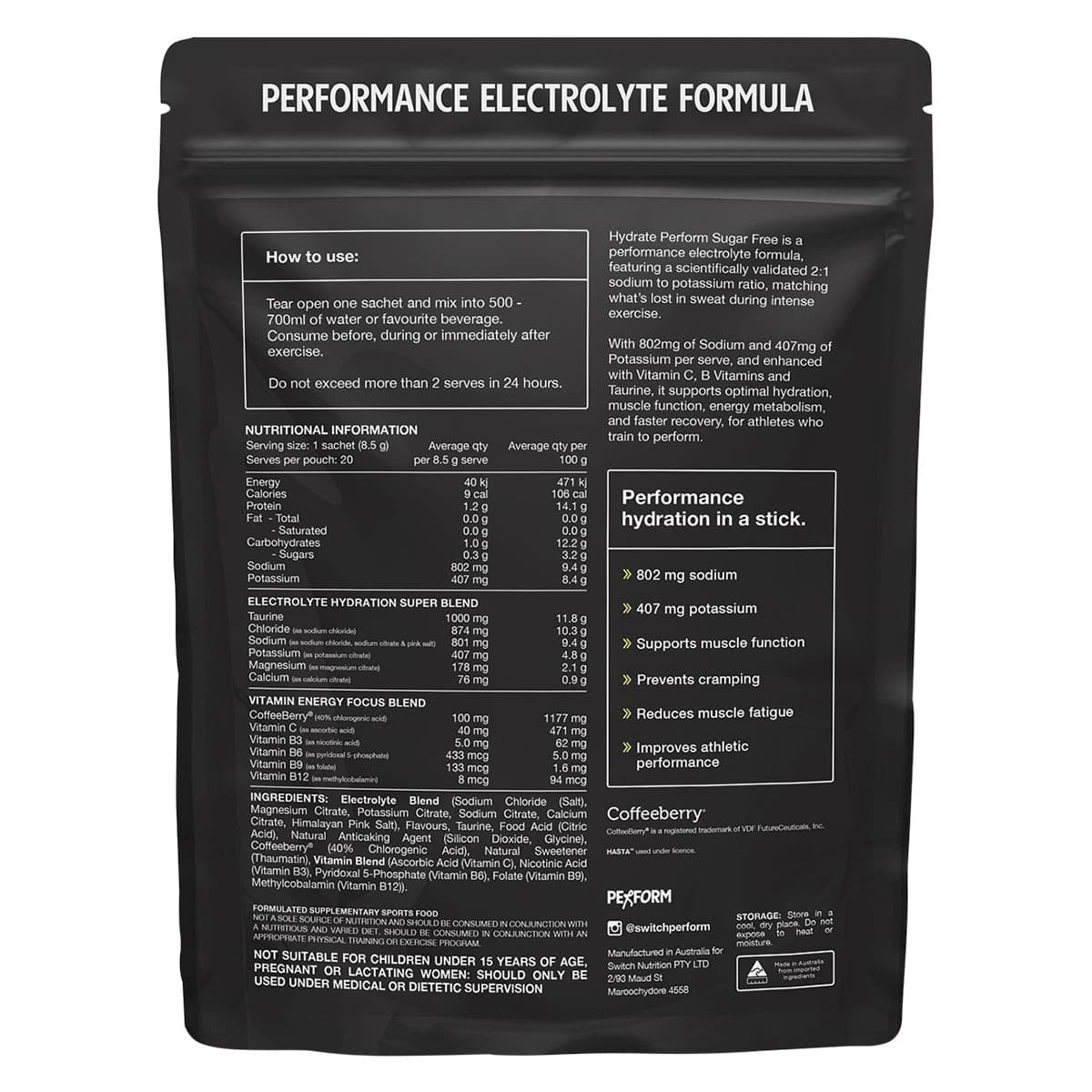 Thumbnail Switch Nutrition Hydrate Perform Sugar Free Lemon Lime 20 x 8.5g Sachets