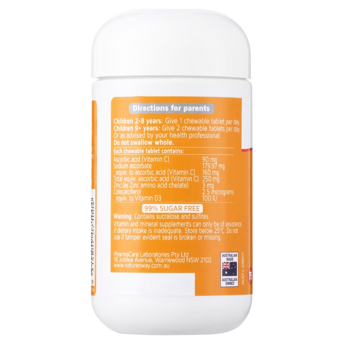 Thumbnail Nature's Way Kids Smart Vitamin C + Zinc + D3 99.9% Sugar Free 75 Chewable Tablets