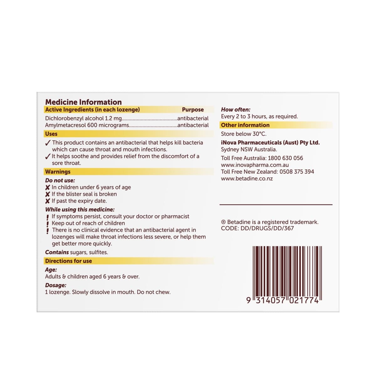 Thumbnail Betadine Sore Throat Lozenges Honey & Lemon 36 Pack