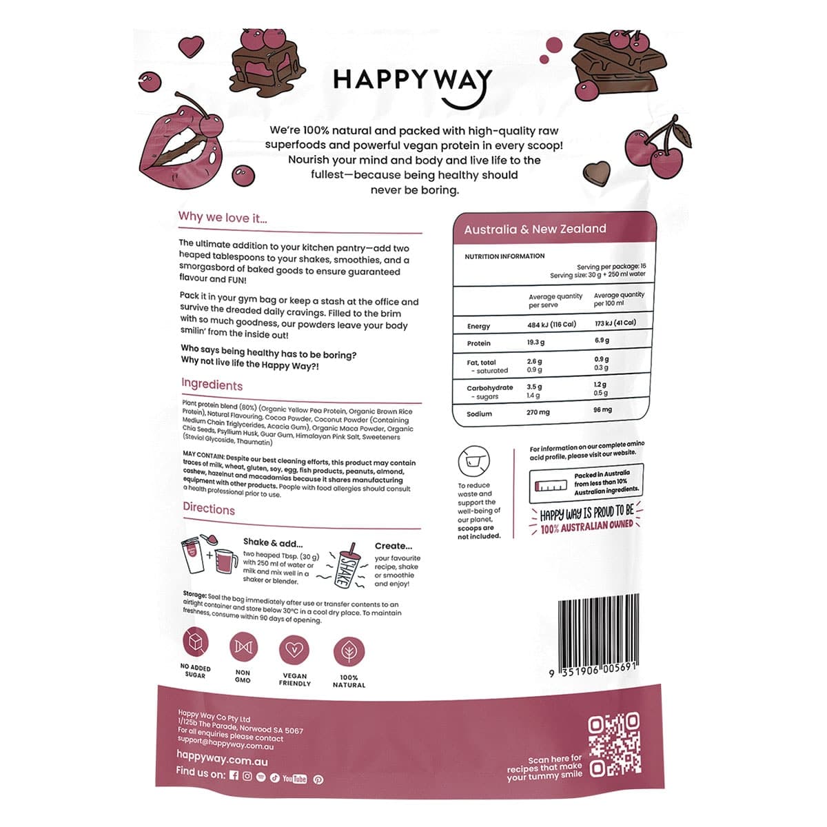 Thumbnail Happy Way Vegan Protein Powder Choc Cherry 500g
