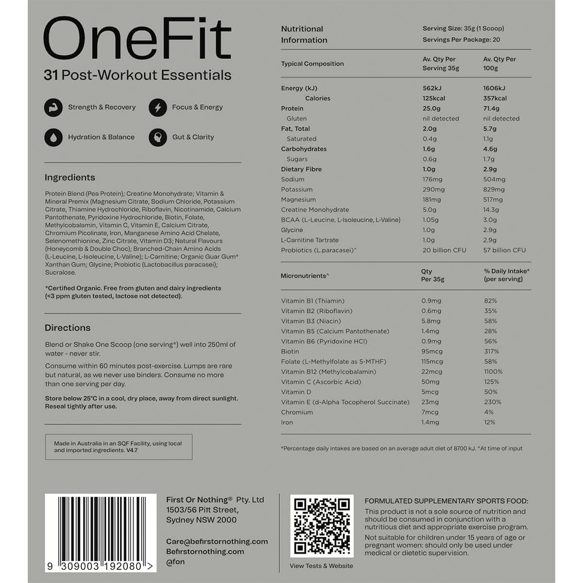 Thumbnail OneFit Vegan Post-Workout Recovery Cacao 700g Pouch