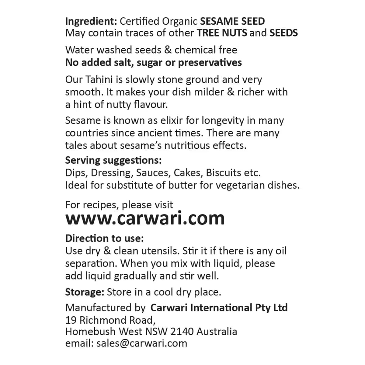 Thumbnail Carwari Organic Tahini Hulled 375g