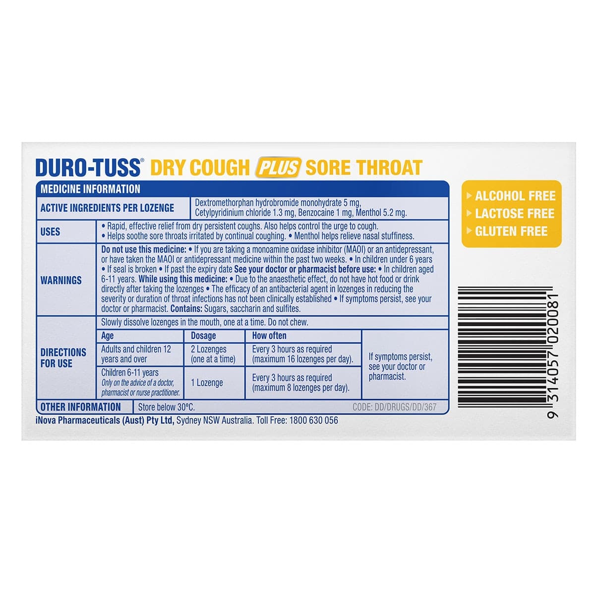 Thumbnail Duro-Tuss Dry Cough Plus Sore Throat Lemon Lozenges 32 Pack