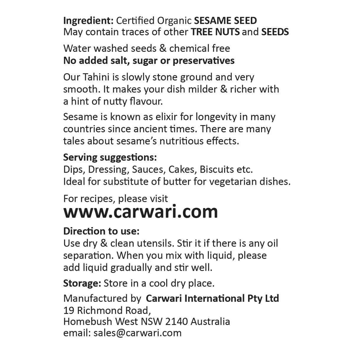 Thumbnail Carwari Organic Tahini Unhulled 375g
