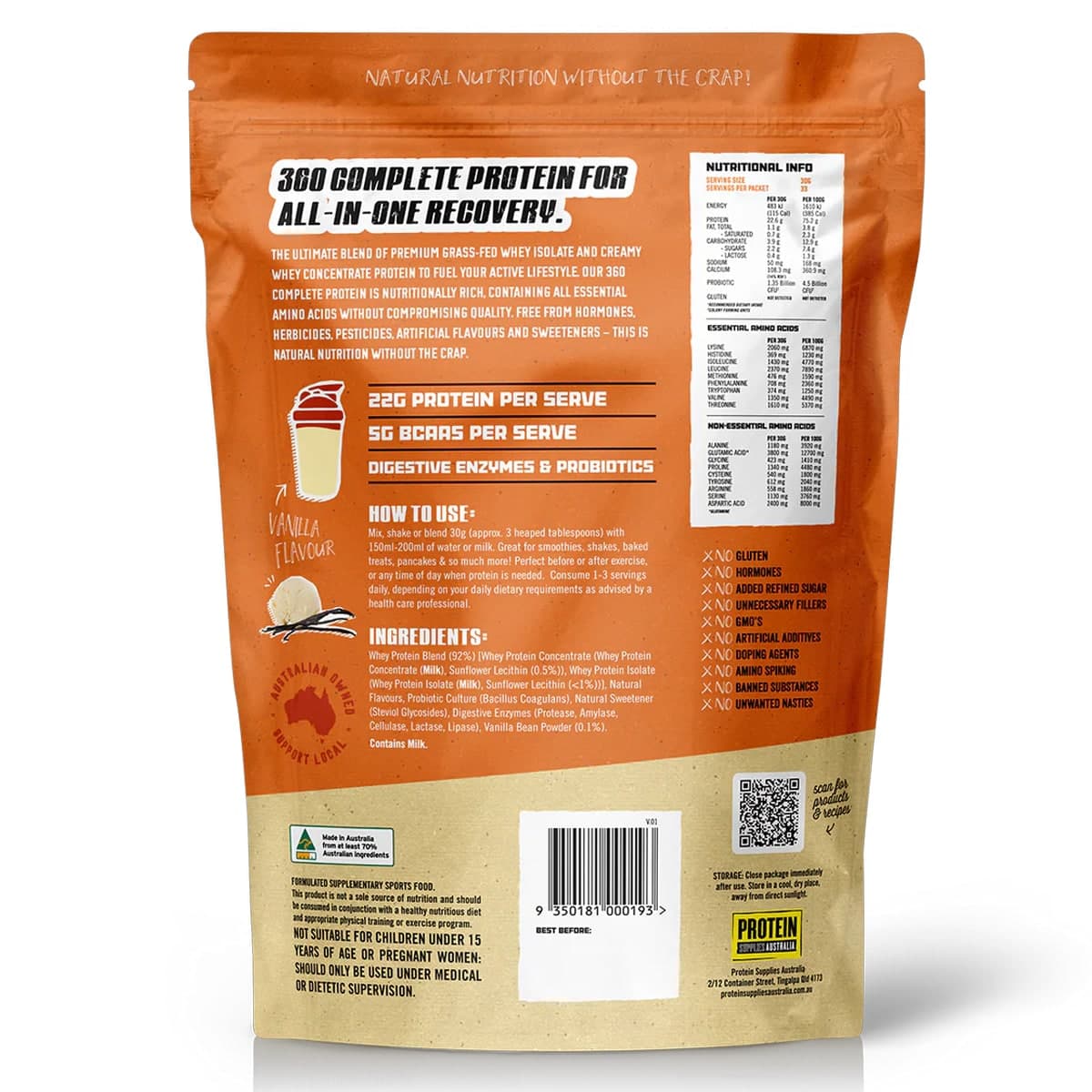 Thumbnail Protein Supplies Australia 360 Whey Protein Powder Vanilla Bean 1kg