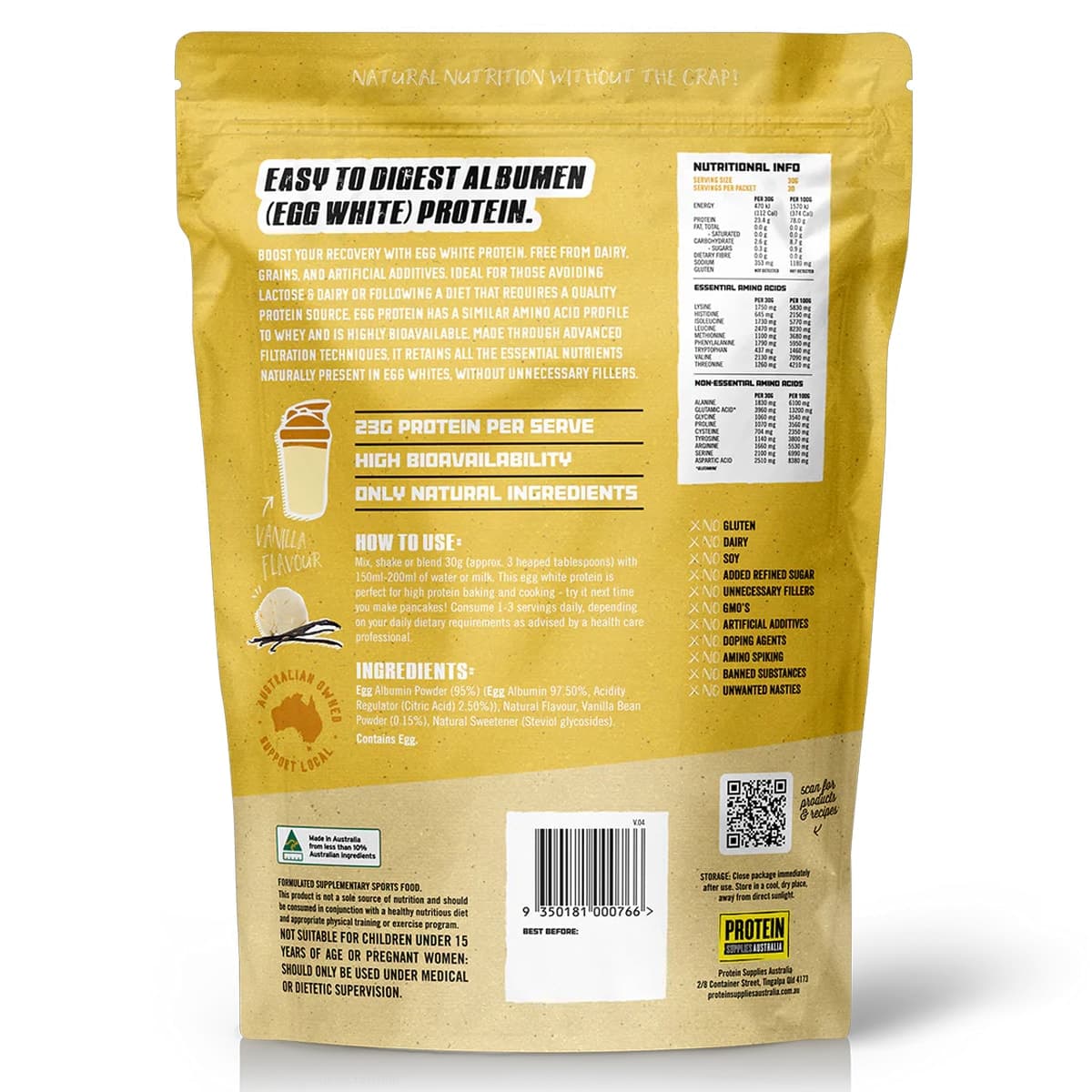 Thumbnail Protein Supplies Australia Paleo Egg White Protein Vanilla Bean 900g