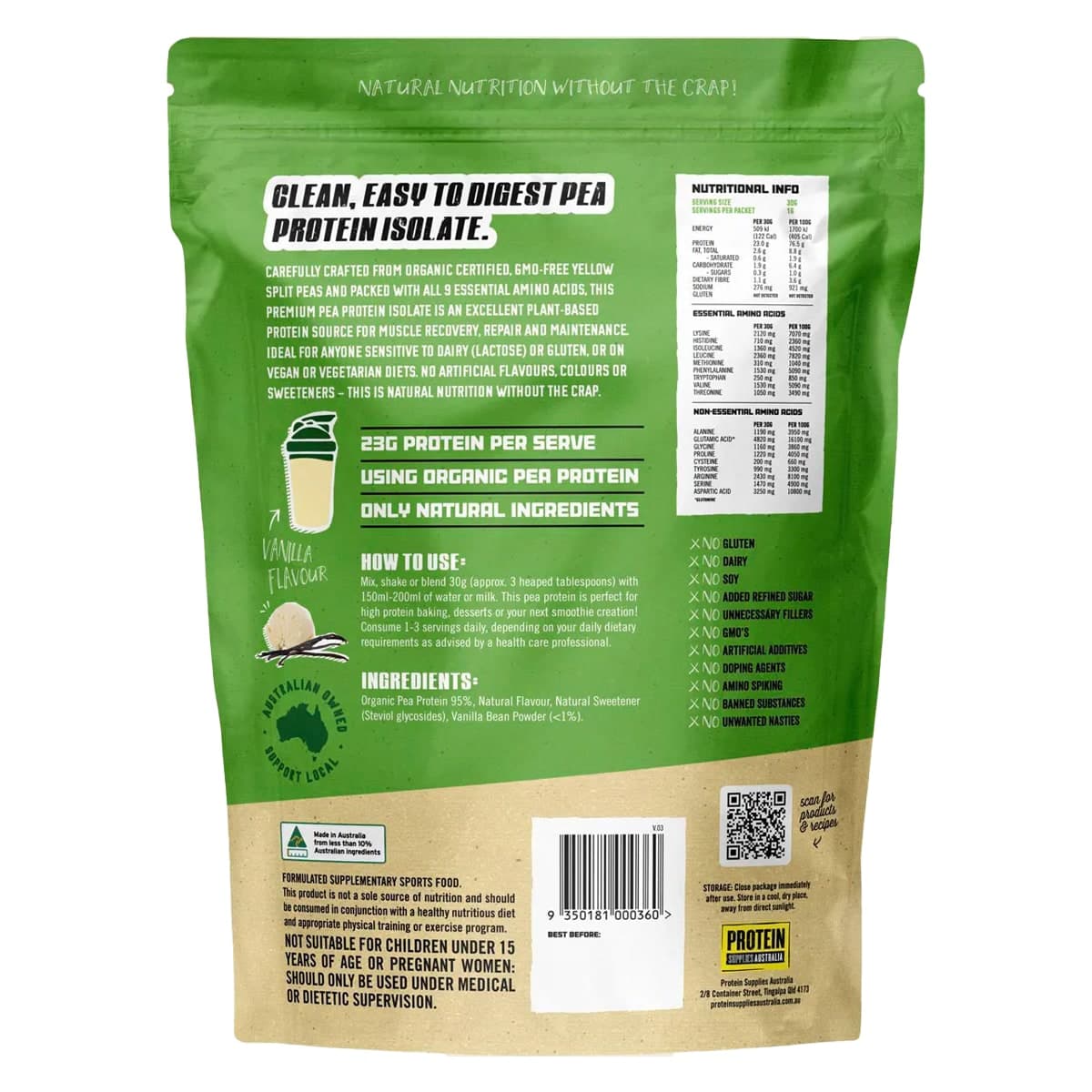 Thumbnail Protein Supplies Australia Pea Vegan Pea Protein Vanilla Bean 500g