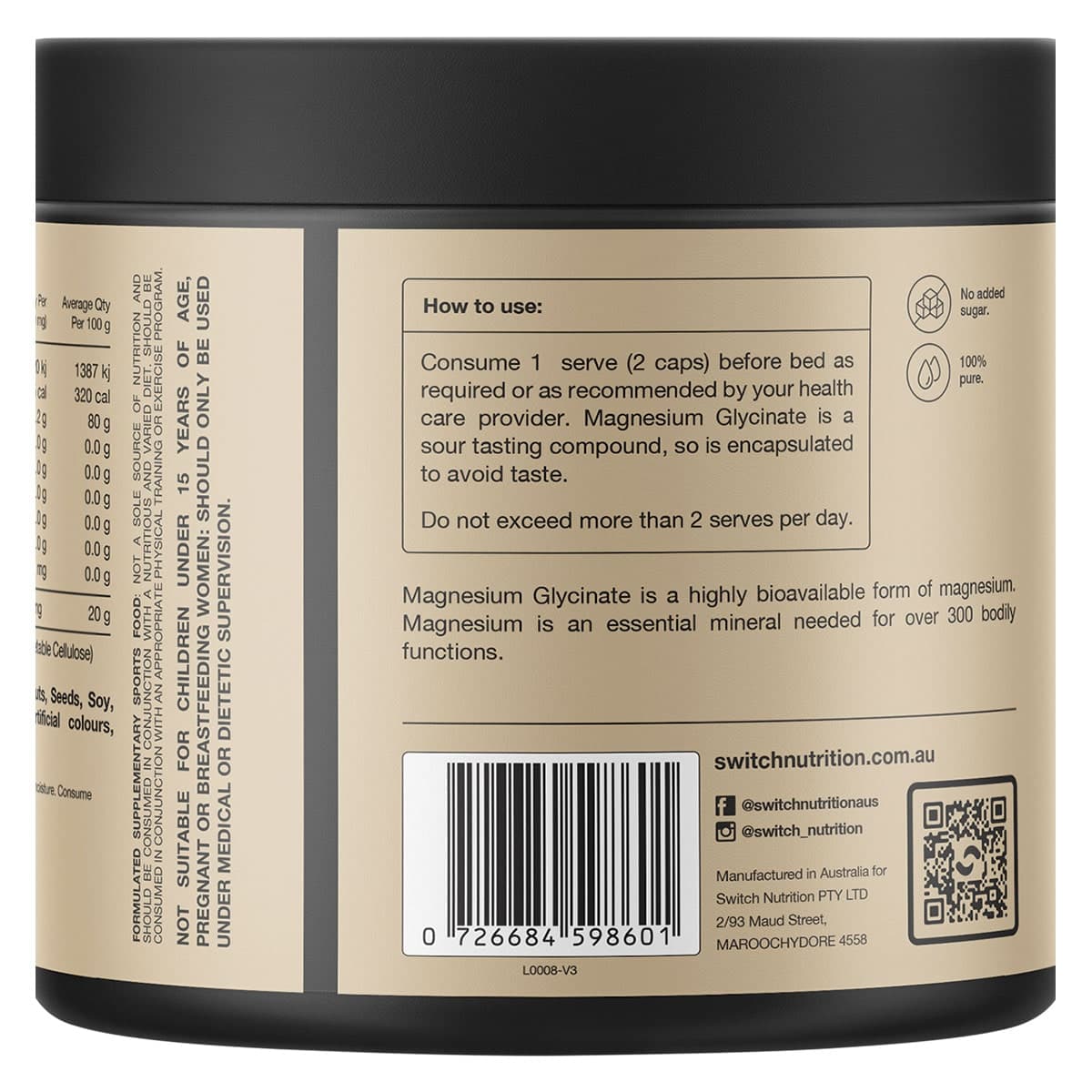 Thumbnail Switch Nutrition 100% Pure Magnesium Glycinate 90 Capsules