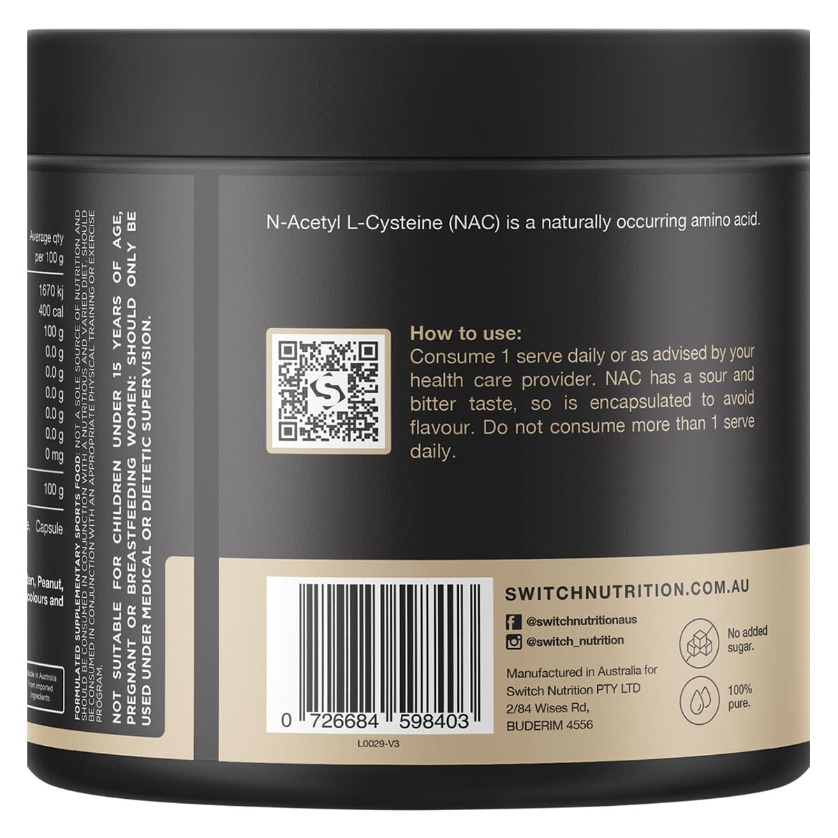 Thumbnail Switch Nutrition NAC 100% N-Acetyl L-Cysteine 60 Capsules